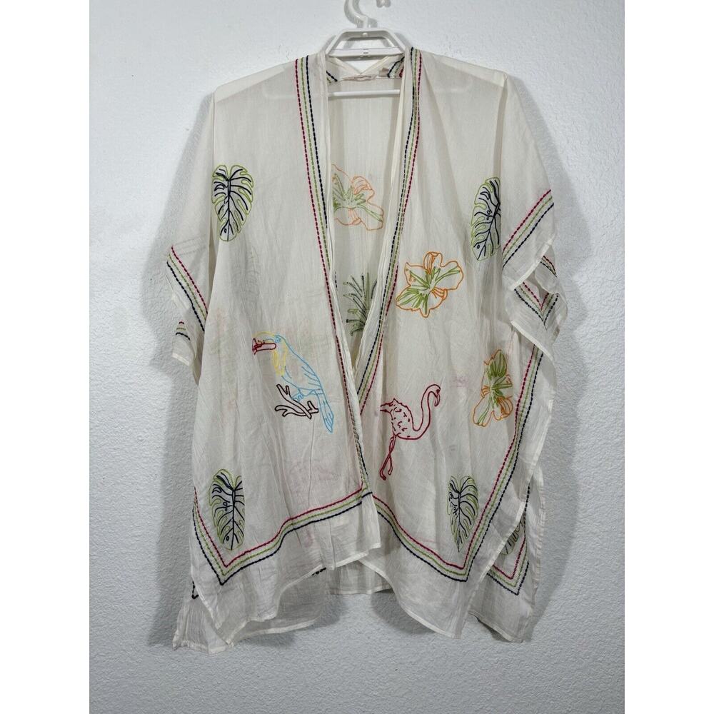Soft Surroundings Kimono Top Womens One Size Floral Pelican‎ Flamingo Cotton